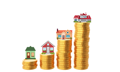 Illustrated image of stacked coins, each tier supporting progressively larger houses, symbolizing growth and investment.