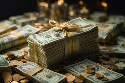 Image of stacks of cash tied with ribbon, surrounded by gold coins.